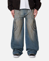 MNML Ultra Wide Tribal Denim Jeans Medium Blue