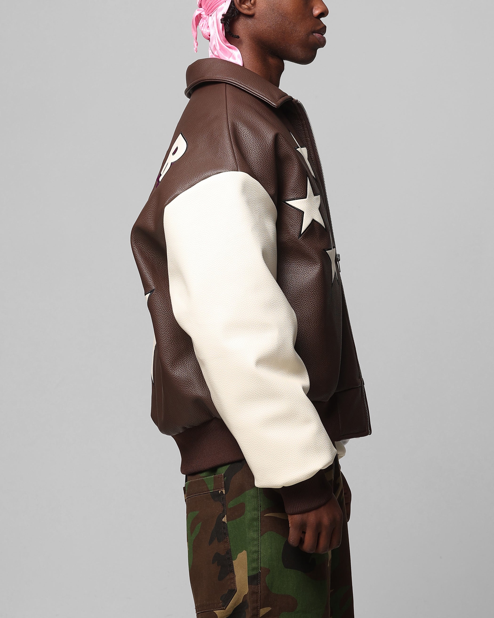 Loiter Solar Vegan Leather Varsity Jacket Brown/Beige