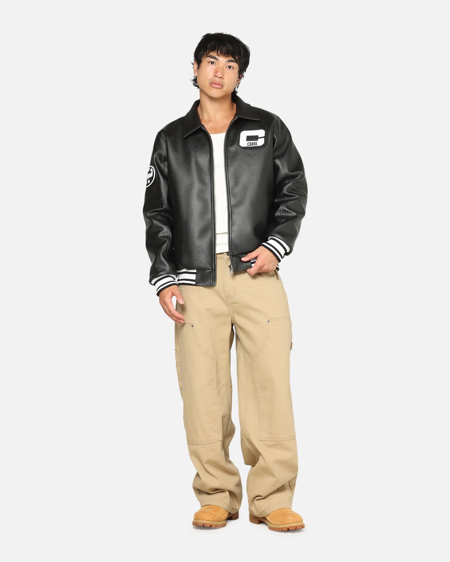 Carre Vegan Leather Varsity Jacket Black/White