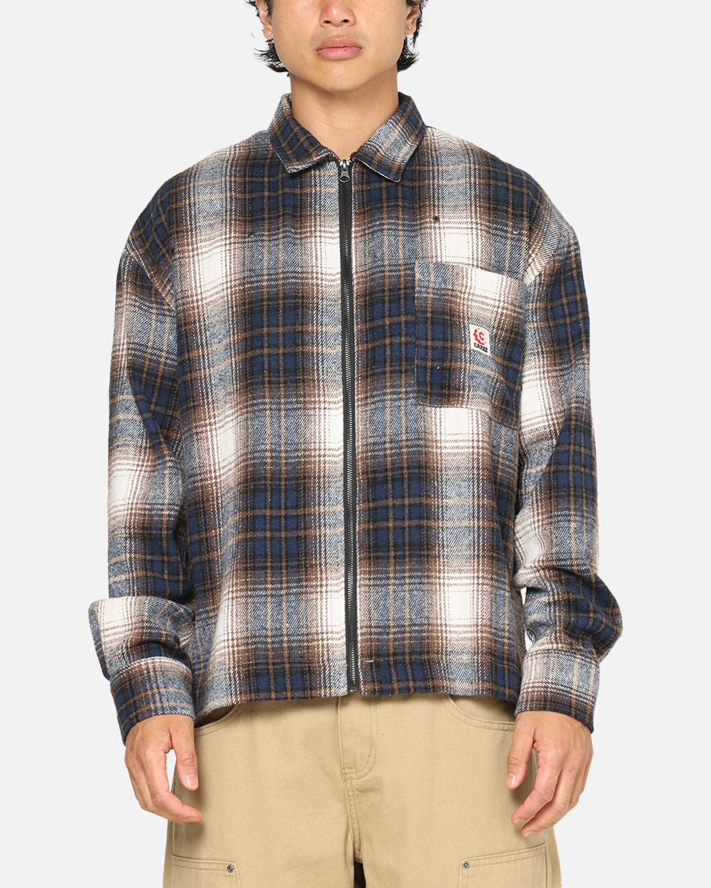 Carre Ombre Zip Up Long Sleeve Shirt Black Plaid