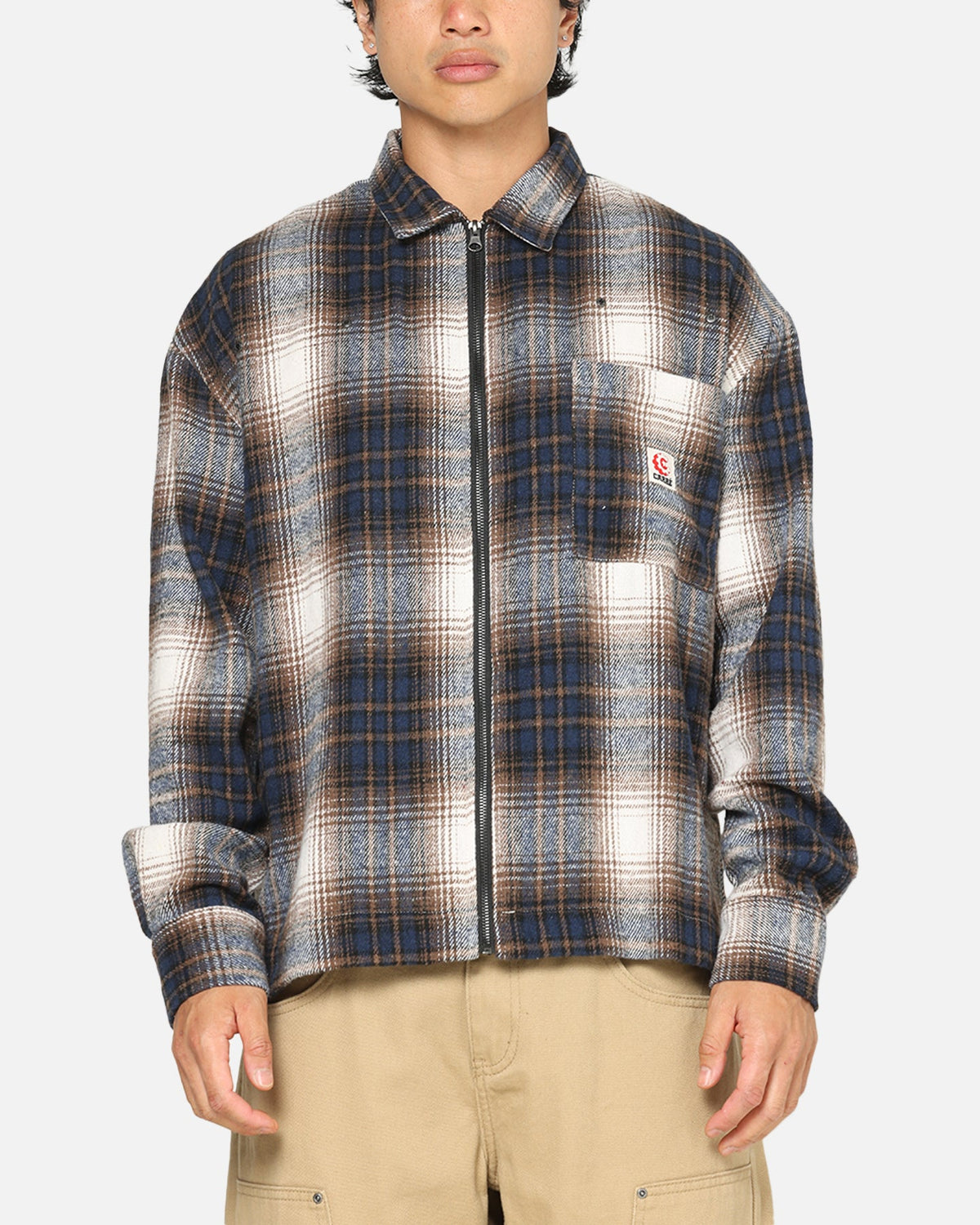 Carre Ombre Zip Up Long Sleeve Shirt Black Plaid
