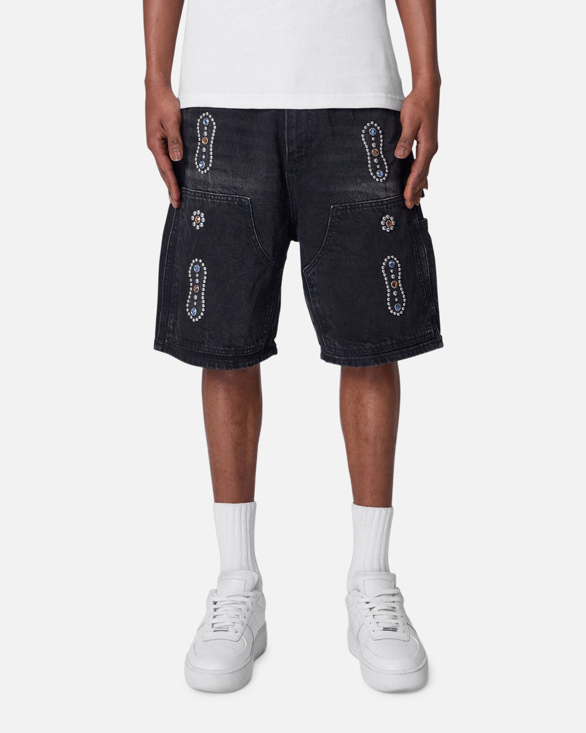 MNML Double Western Jewel Denim Shorts Washed Black